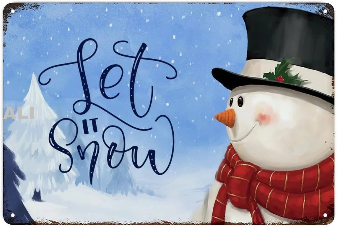 Let It Snow Cute Holiday Decor Snowman Metal Signs Retro Wall Plaque Light Blue Snowy Scene Metal Tin Sign for Garage Man C sign