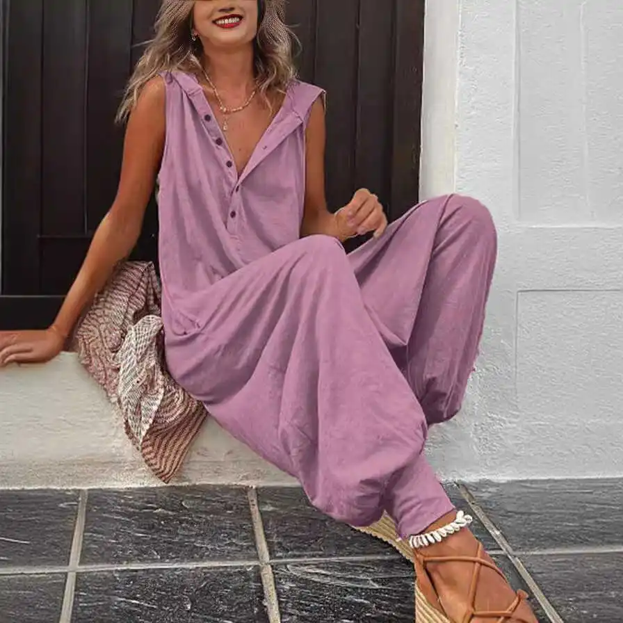 Loose Casual Jumpsuit Buttoned Hoodie Svel Wide Leg Pants Summer Comfortable One-Piece Suit Asymmetrical Flared Trousers