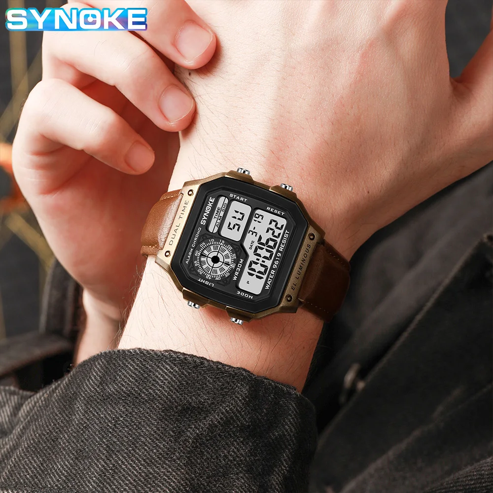 SYNOKE Digital Watches Men Sports Luminous Multifunction Waterproof watch Outdoor and Running Leather wristwatch Retro Fashion