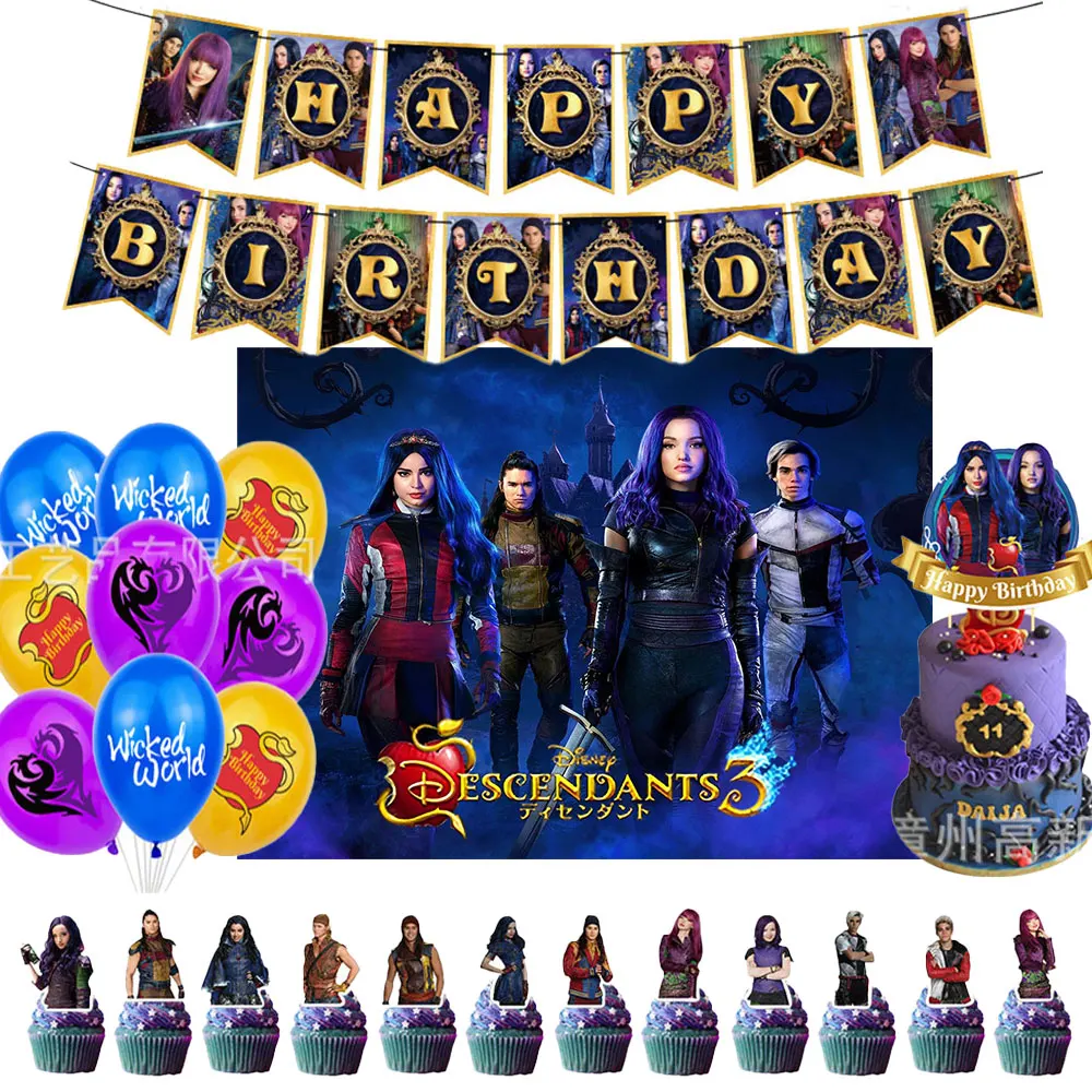 Descendants Mal Carlos Evie Jay Birthday Party Theme Disposable Tableware Background Decorate Photo Baby Shower Photography Prop