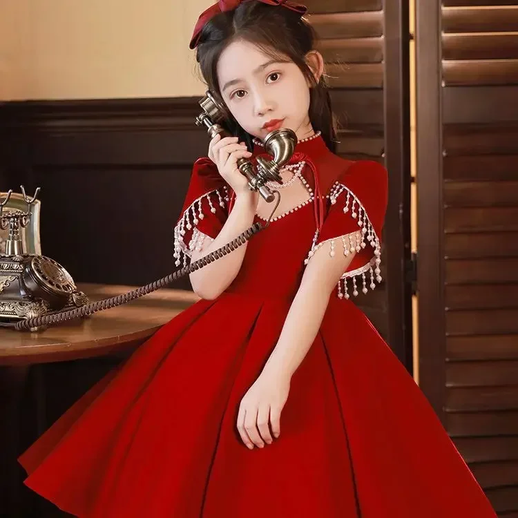 Meninas elegante vermelho princesa vestido de baile crianças aniversário batismo festa casamento piano desempenho vestido flor vestidos da menina