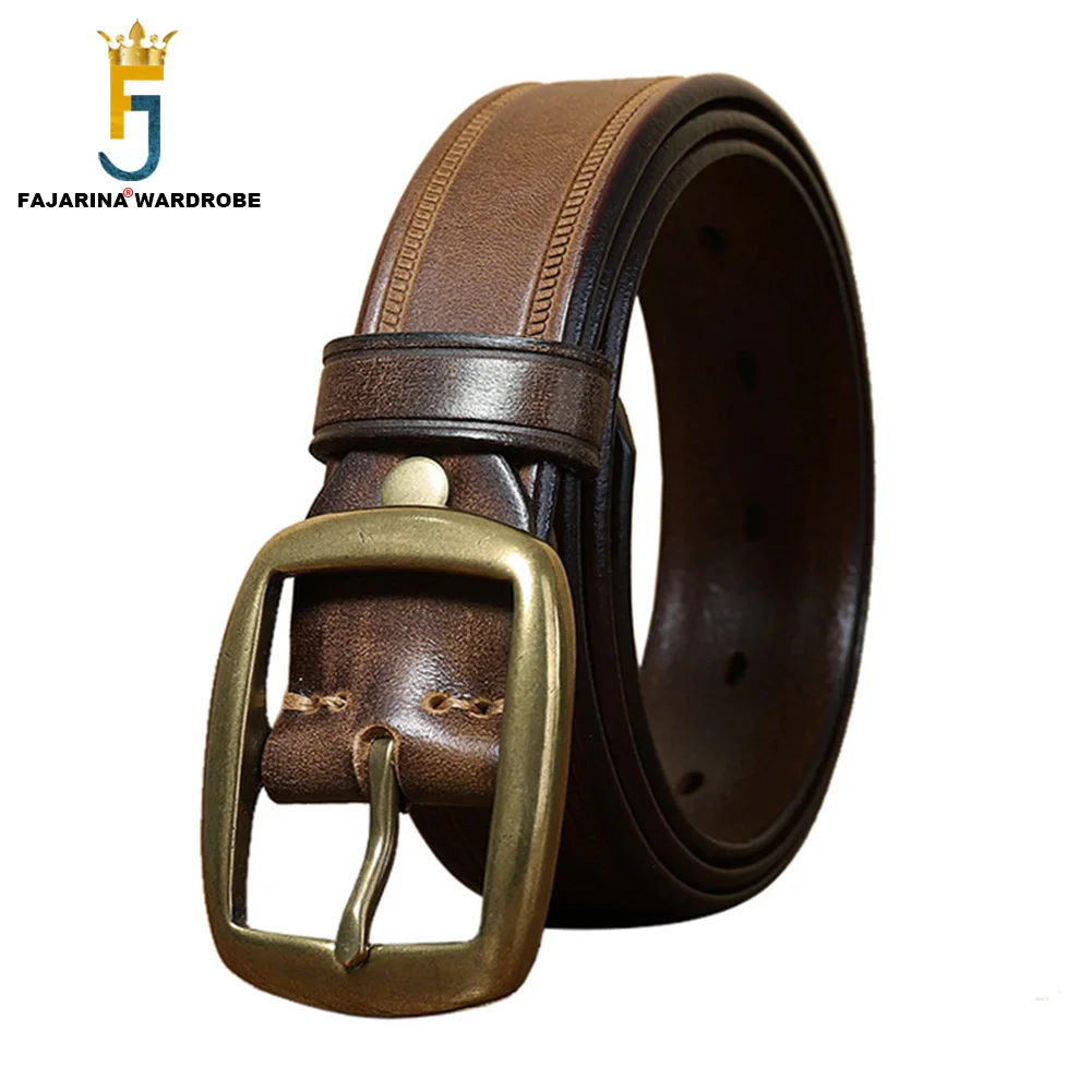 FAJARINA Men‘s Retro Cowhide Leather Brass Pin Buckle Metal Belt 3.3cm Width