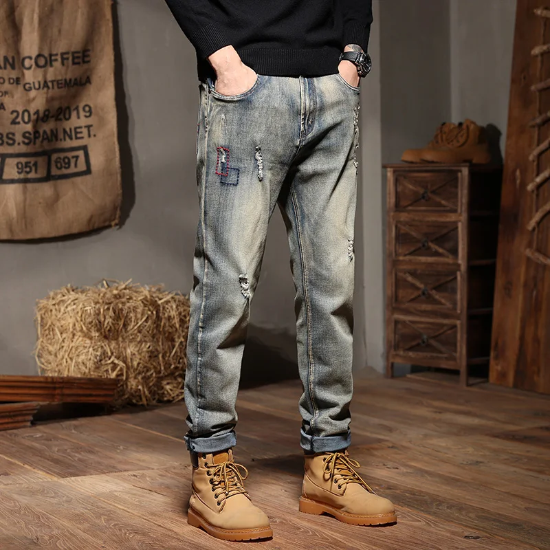 New autumn and winter models Retro nostalgic jeans men Fashionable large size ripped jeans men's style Large size 28-44