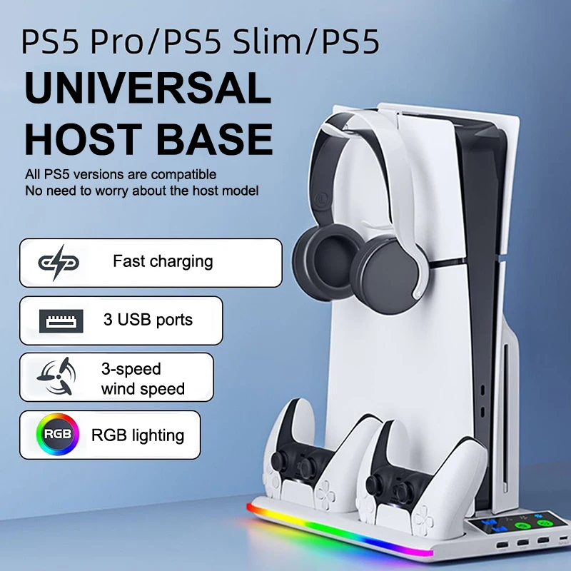 

For PS5 Slim/PS5 Stand Cooling Holder & Controller Charging Station With Headphone Hook RGB Light 3 Levels Cooling Fan For PS5