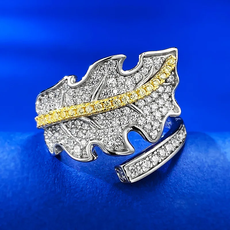 

New 925 Silver Luxury Luxury Full Diamond European and American Leaf Open Ring Cross border Instagram Style