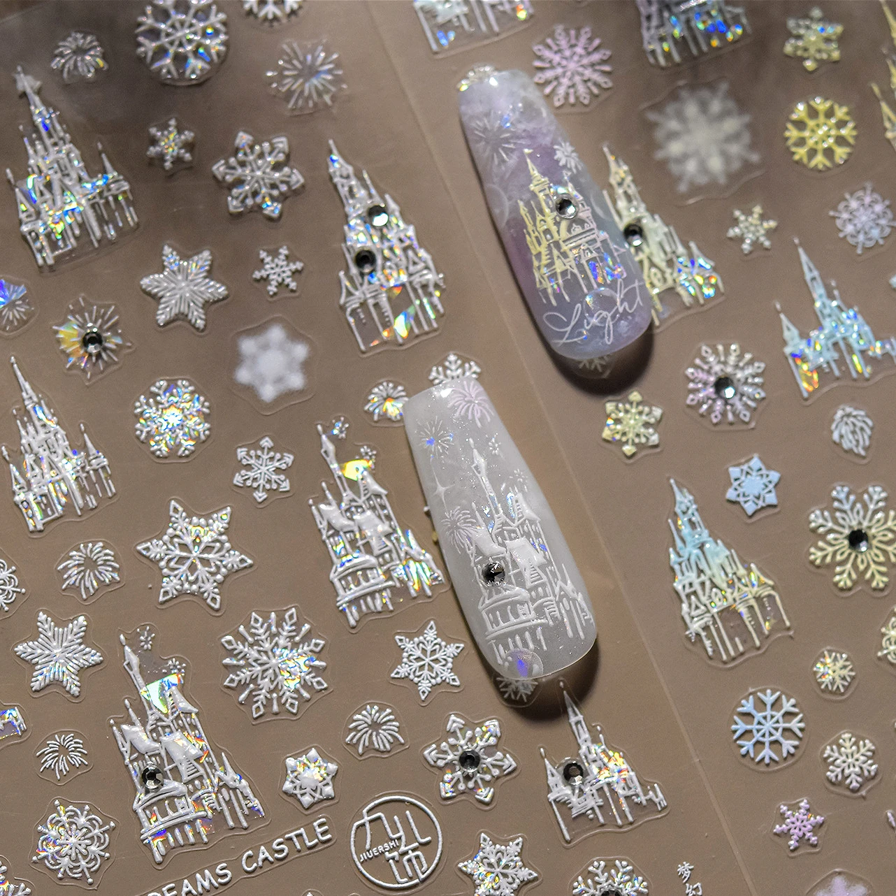 Dreamy Gradient Snowflake Castle Rhinestone Bowknot Glitter White Winter Christmas Crystal Star Nail Art Stickers Manicure Decal