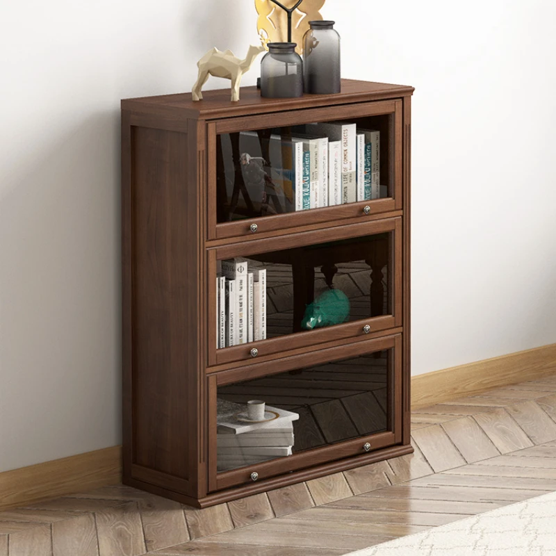 Pure Solid Wood Short Bookcase Free Combination Walnut Color Hand-Made Display Cabinet Bookcase