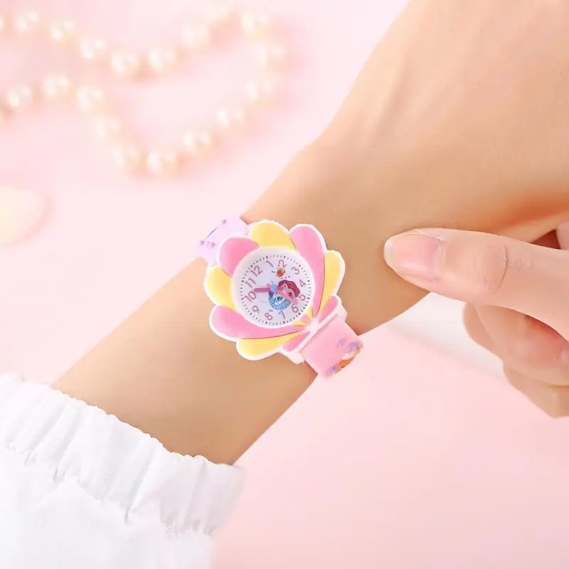 Children's Cartoon Mermaid Shell Watch Girls Cute 3d Pattern PVC Soft Glue Skin-friendly Children's Learning Table Quartz Watch