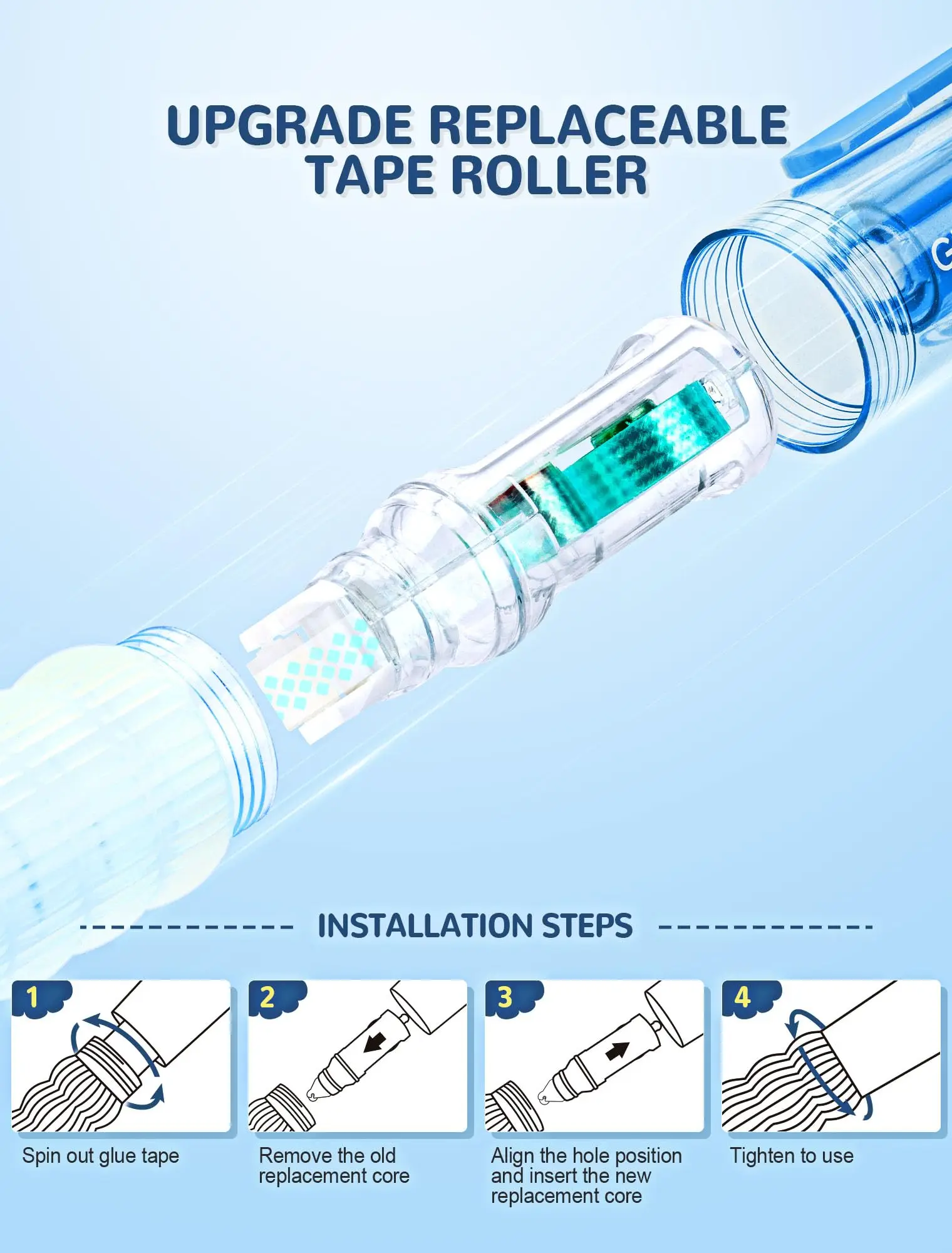 Scrapbook Tape Runner,Replaceable Inner Double Sided Tape for Crafts,Glue Tape Roller Pen for School Office Journaling Supplies