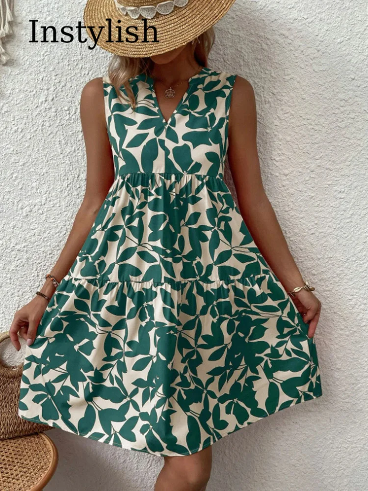Damska sukienka Boho Print Mini Dress Summer Elegant Sleeveless V Neck Ruffle A Line Tank Dress Casual Loose Oversize Beach Party Sundress