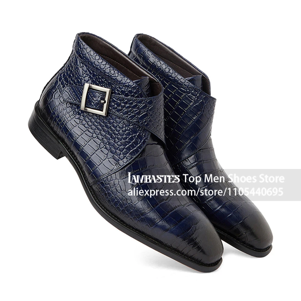Crocodile Embossed Monk Strap Ankle Boots Luxury Style Dress Booties for Wedding Almond Toe Handmade Ankle Boots for Gentleman
