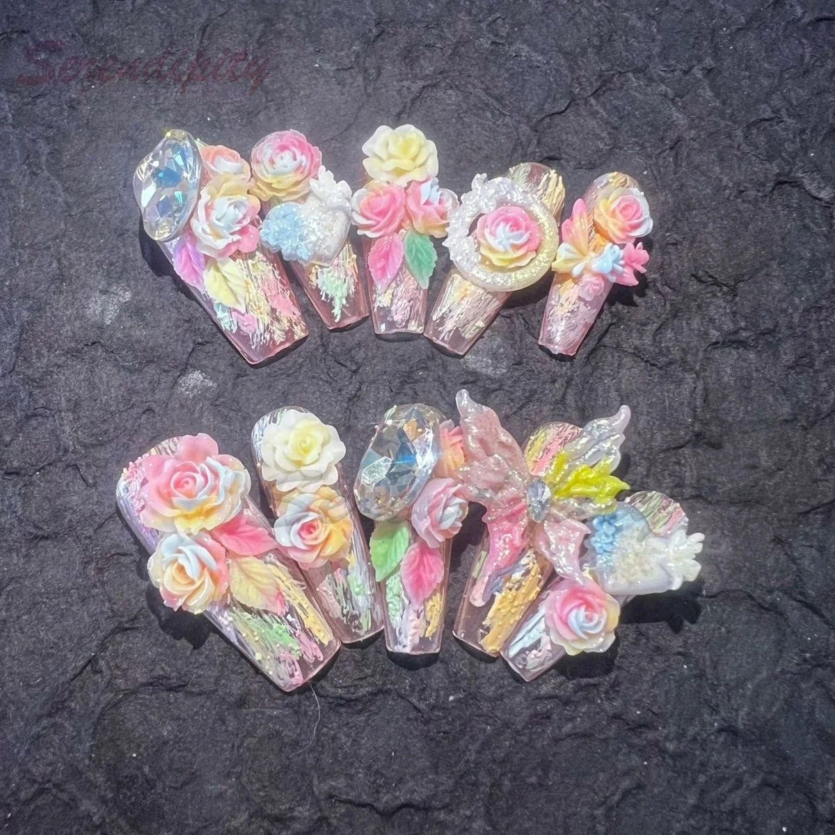 

10Pcs Press On Nails Handmade 3D Colorful Carved Flowers Butterfly Rhinestones Floral Nail Art Reusable And Removable Fake Nails