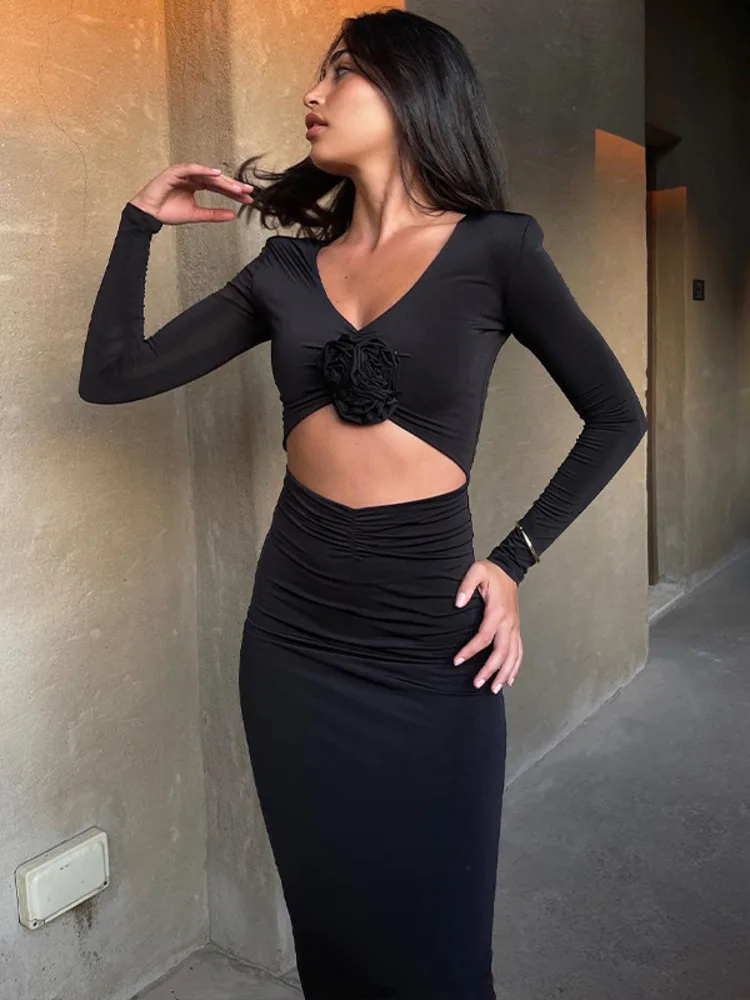 Mozision Elegant Flower Hollow Out Midi Dress For Women Black V Neck Long Sleeve Bodycon Sexy Dress Female Skinny Party Dress