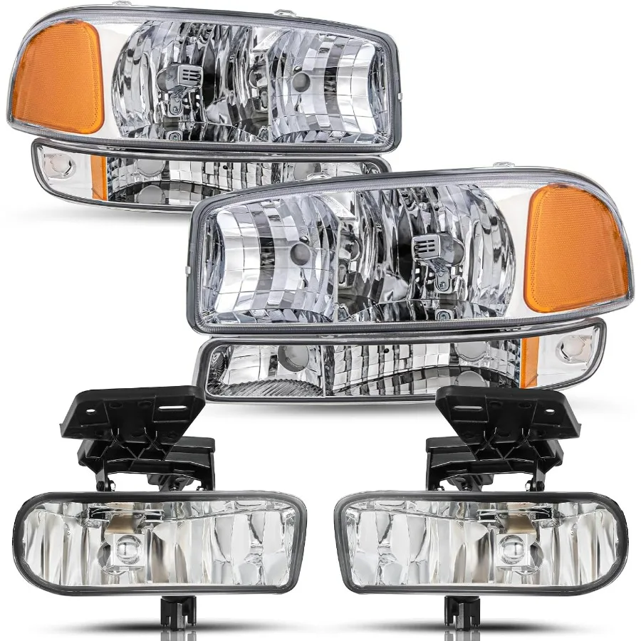 

6 шт. фары и противотуманные фары в сборе для 19992002 GMC Sierra 1500 2500 3500 0006 Yukon Yukon XL с хромированным корпусом и янтарем