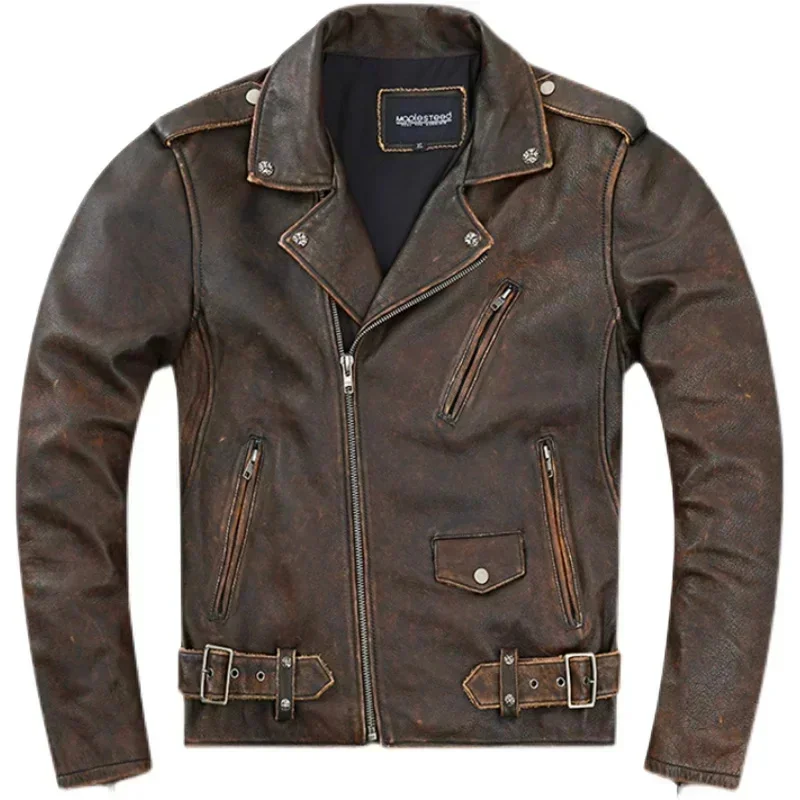 Cowhide Leather Coat Men's Retro Distressed Motorcycle Cycling Clothing Trendy Youth LapeSpring and Autumn