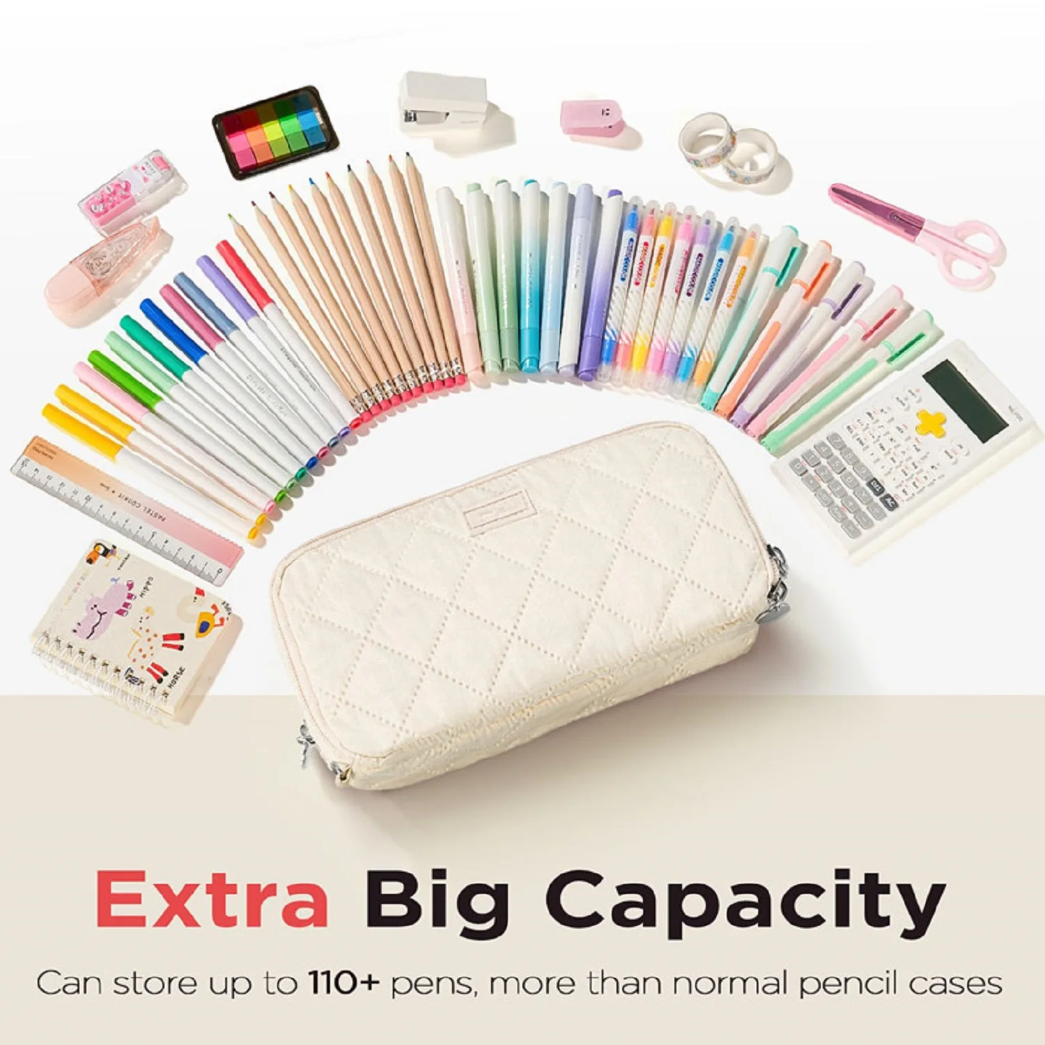 Makeasy Pencil Case Large Capacity Pencil Pouch Soft Quilted Pen Bag Office Stationery Organizer Sturdy Pencil Bag for Women