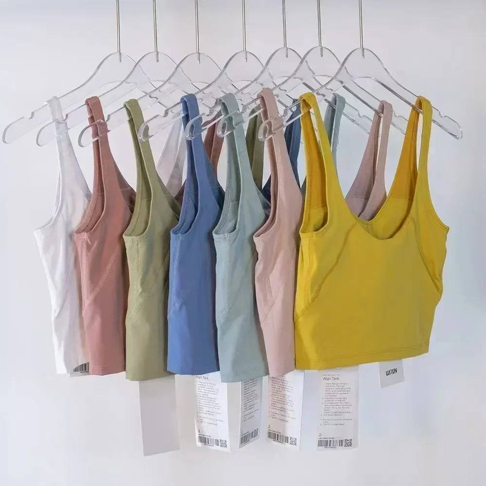 Lampu motif Lemon Tank Top panjang crop, Bra olahraga Yoga leher-u menyerap keringat melar empat arah dengan cangkir yang dapat dilepas