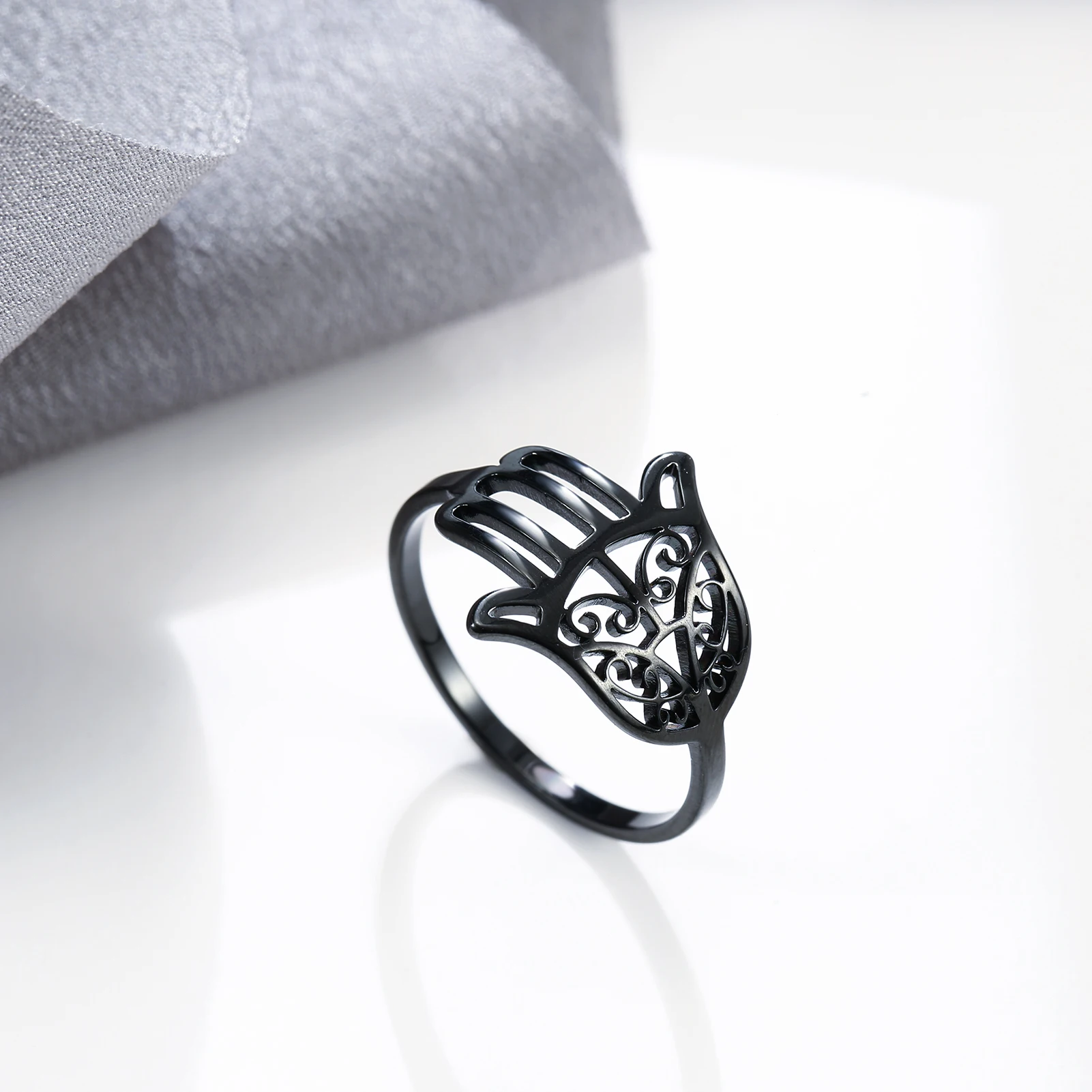 Kkjoy Damenringe, silberfarben, Hamsa, Hand der Fatima, Edelstahl, weibliche Persönlichkeit, hohler Schmuck, Accessoires, Mädchen-Geschenk – Detail 5