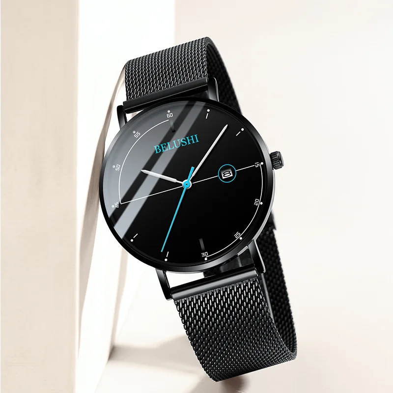 

BELUSHI New Men's Watch Leisure Quartz Watch Waterproof Leather Mesh Strap Simple Man Watch Strap Ultrathin Quartz Mens Watch