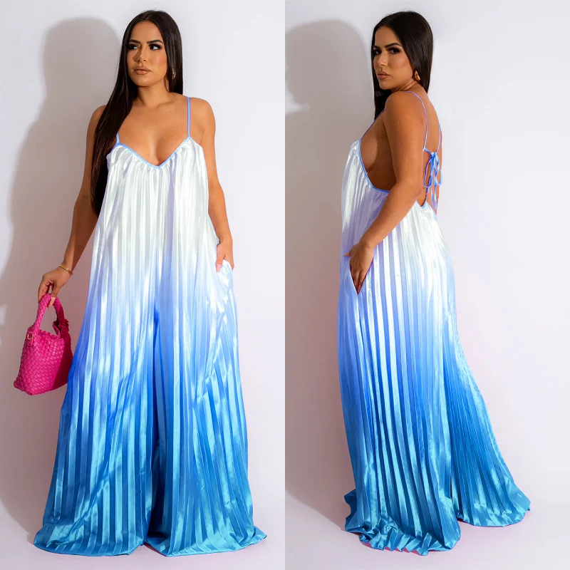 

Changing Color Pleated Oversized Jumpsuits Women V Neck Spaghetti Straps Sleeveless Lace Up Backless Loose Rompes Wide Leg Pants