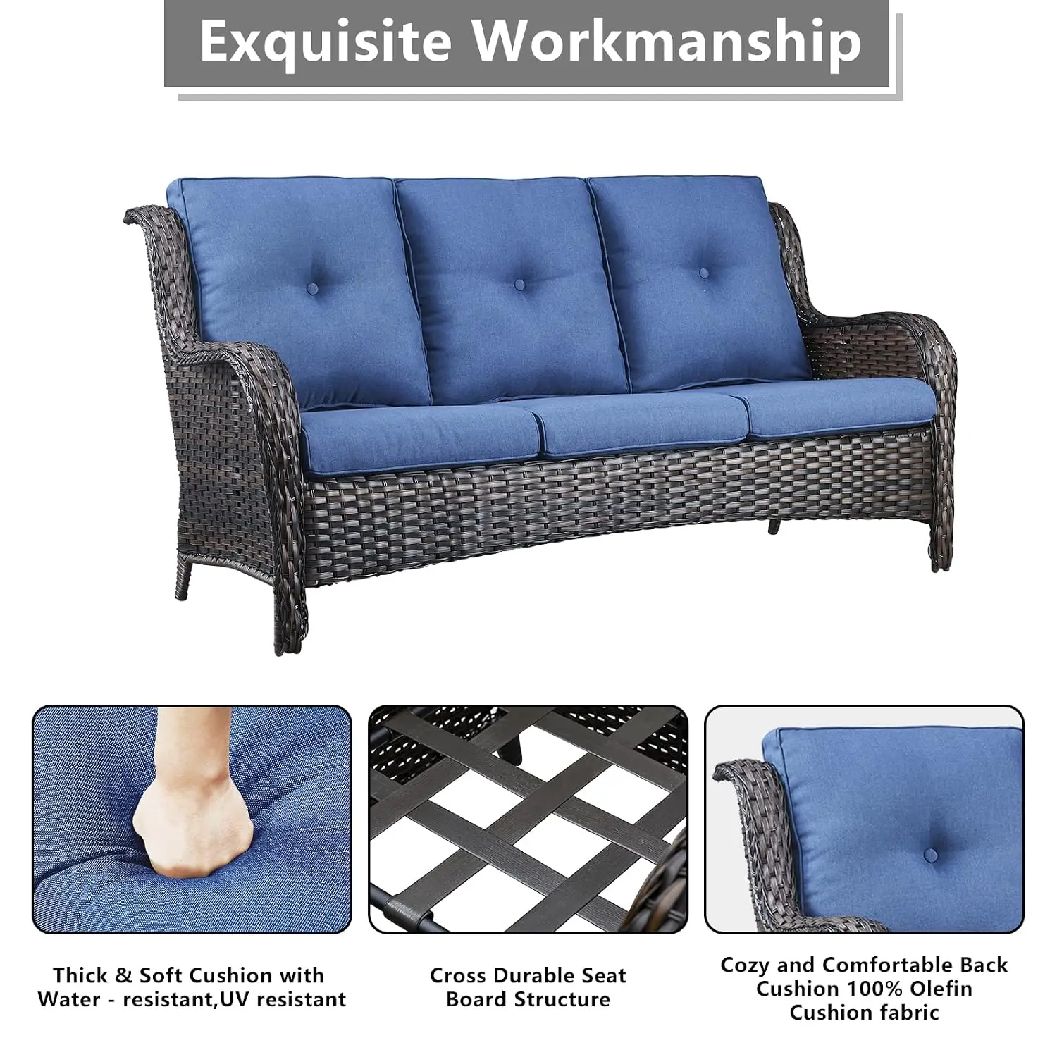 Wicker Patio Sofa & Ottoman, 3 Seater Deep Seat Couch with 4in Cushions, All Weather for Backyard Garden Poolside, Customized