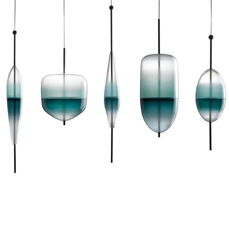 

Lake blue gradient glass chandelier with soft decoration, and counter single head combination engineering lighting fixtures