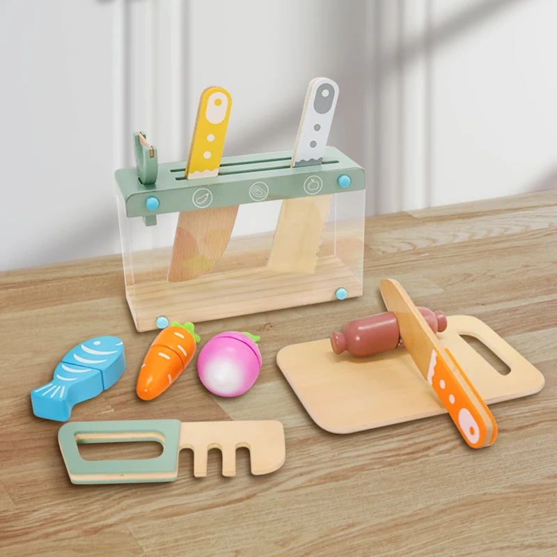 Toddler Knife Set Wooden Pretend Play Food Set Toys with Cutting Board Kid Safe Knives Childrens Role Play Game for Girls Boys