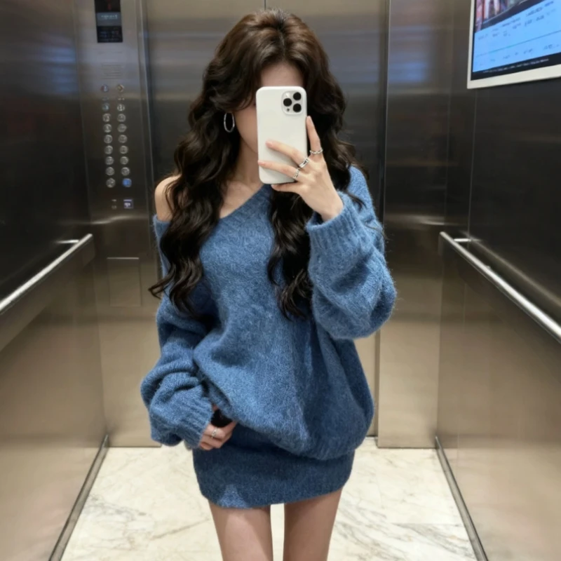 

Women's Lazy Style Slant Shoulder Loose Knitted Sweater Hip Skirt Two-piece Set Y2K Warm Autumn Fashion Elegant Warm Knit Sweate