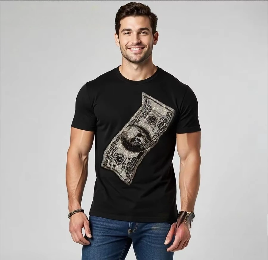 2026 Coole Luxus-Kristall-Strass-Herren-T-Shirts aus reiner Baumwolle mit O-Ausschnitt, kurzen Ärmeln, Sommer-Street-Style, weich und bequem – Detail 6