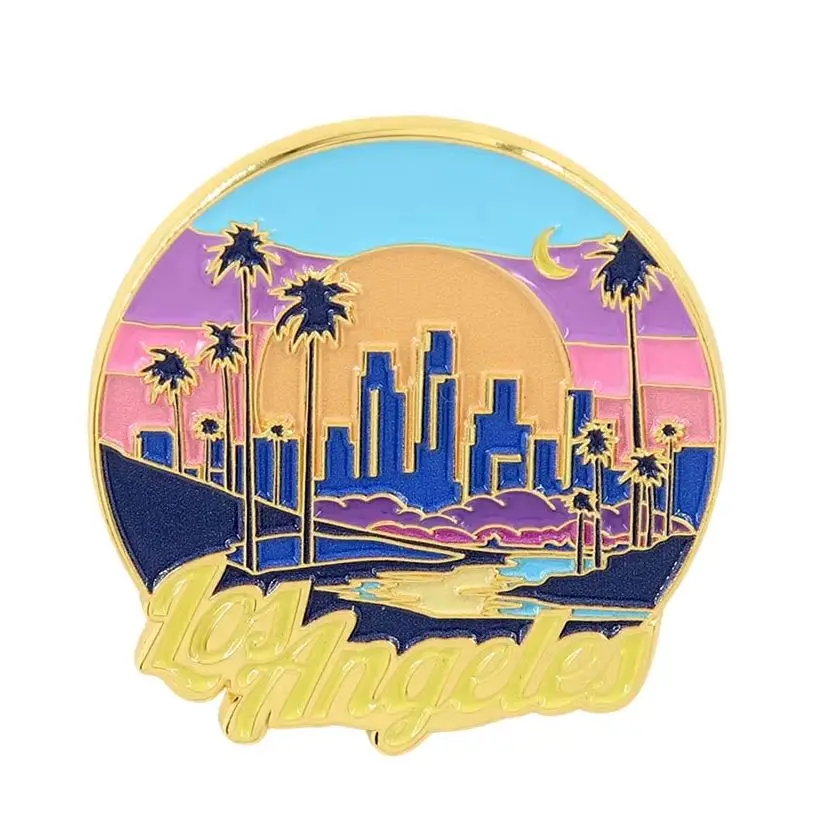 Los Angeles California Souvenir Enamel Pin Retro Gold Cityscape Neon Sunset City Skyline Brooch Badge Vaporwave Vacation Jewelry