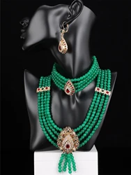 Luxury Pure Handcrafted Green Gemstone Beaded Necklace Earrings Bracelet Three-Piece Women's Wedding Decoration Jewelry Set