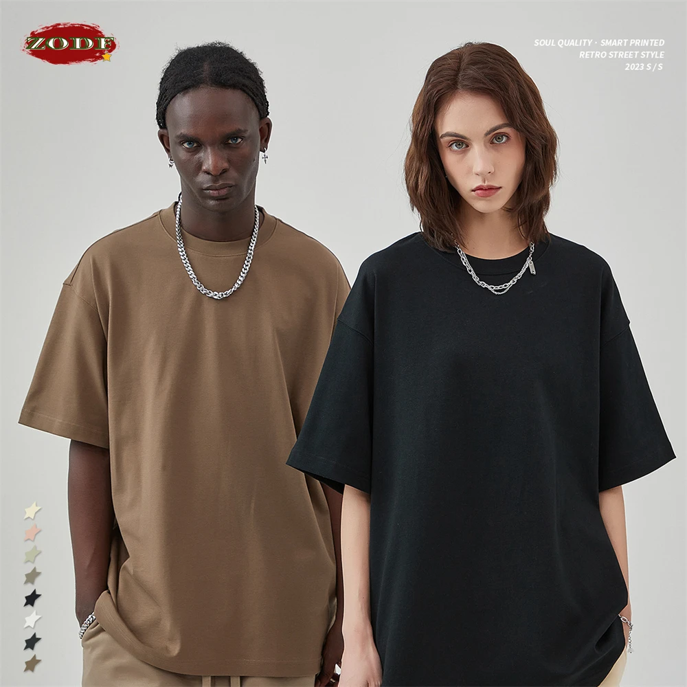 ZODF 2023 Summer Men 100% Cotton Solid T Shirts Unisex High Street Heavy Weight 305gsm Oversized FG Noshrink T-Shirt Tops HY0165