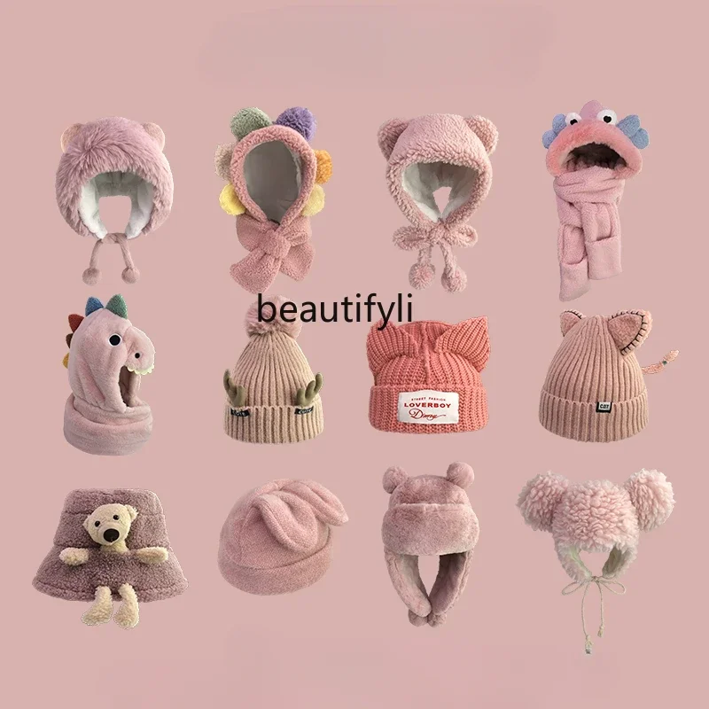 Pink Hat Female Autumn Winter Warm Wool Hat Ushanka Bucket Hat Gloves