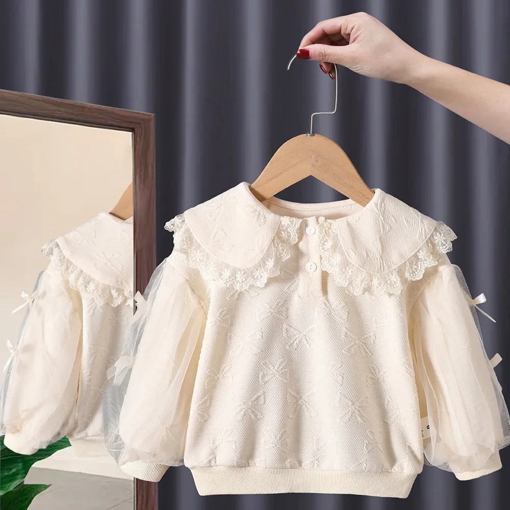 

Girls T-shirt 2024 Spring and Autumn Bow Hoodie Childrens Fashion Sweet Doll Shirt Baby Princess Style Top