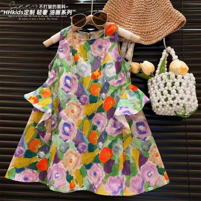 Neue Mädchen Jardin Monet Ölgemälde Stil Design Blumen Prinzessin Weste Skirt2024summer Kleidung-wsny