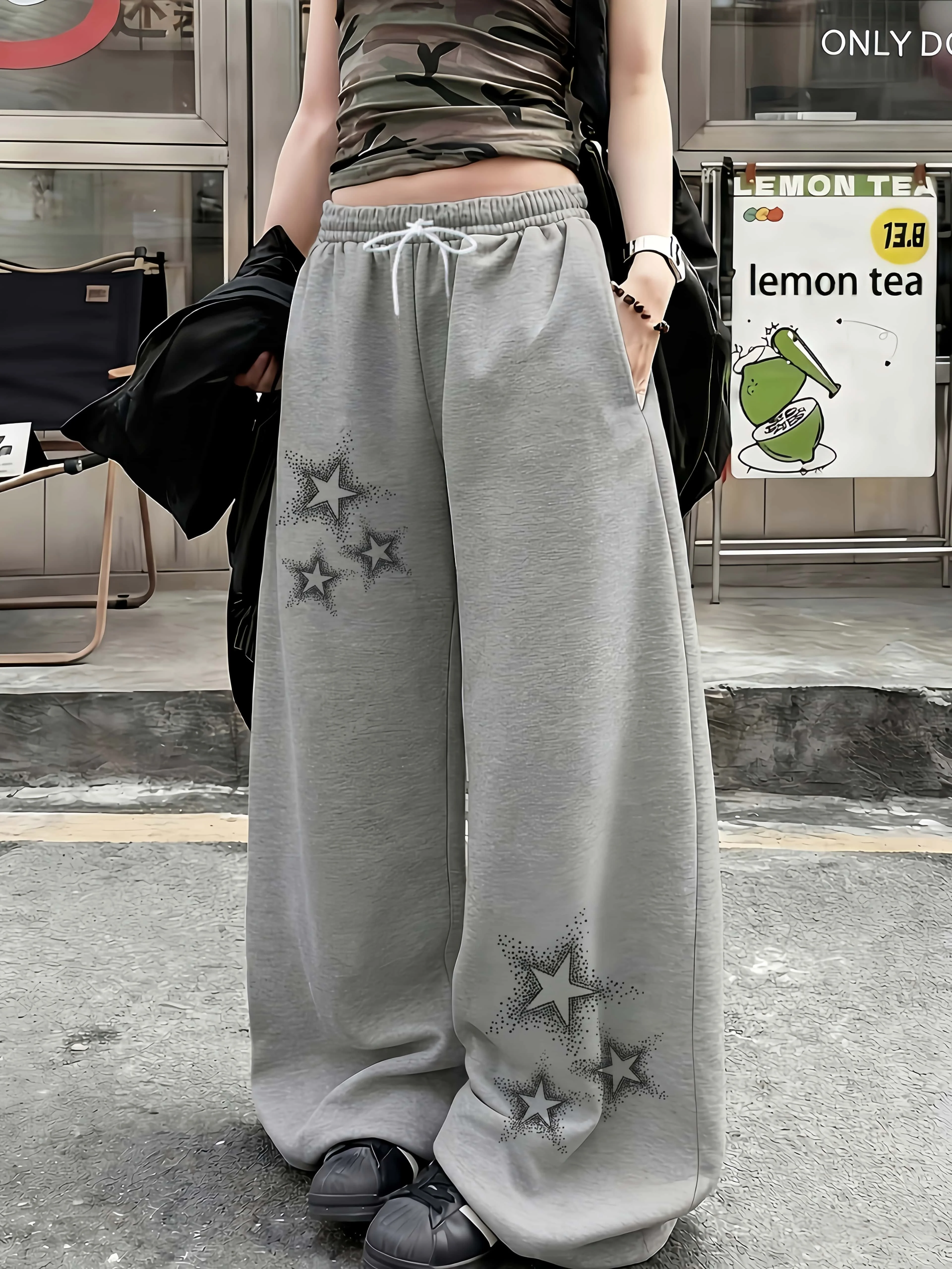 Unisex, schnelltrocknende, gerade geschnittene, lange Hose, Hip-Hop-Streetwear, Hose mit glitzerndem Sternmuster, elastischer Bund, Kordelzug, Sport- und Freizeit-Trainingshose. – Detail 5