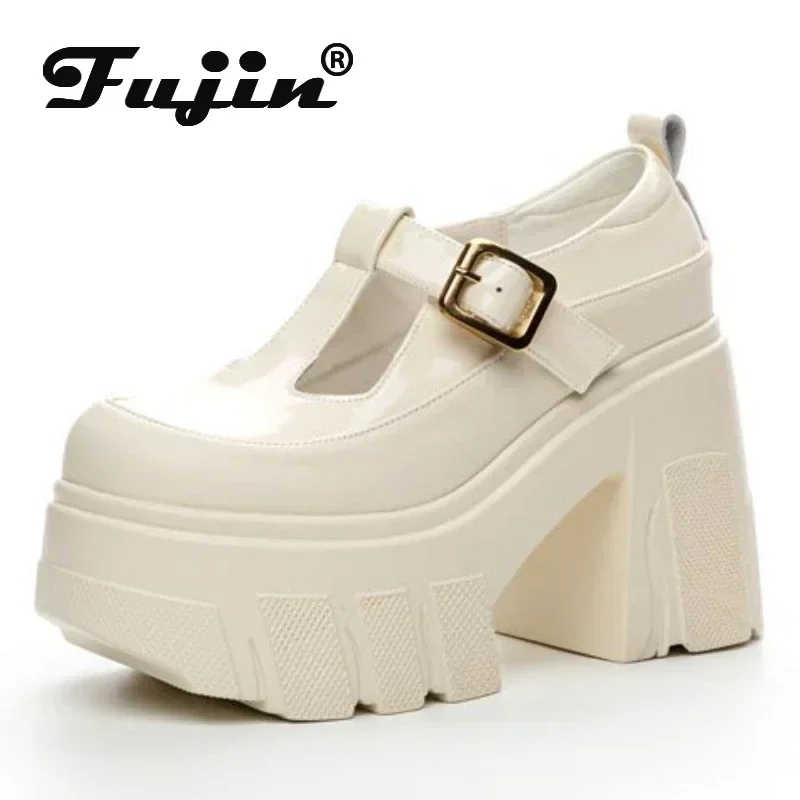 Fujin 10cm Patent Genuine Leather Breathable Buckle Platform Autumn Pumps Summer Ankle Boots Chunky Heels Mary Jane Spring Shoes