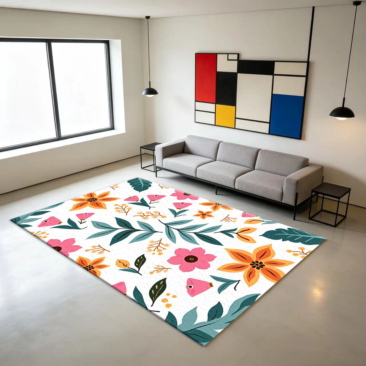 Bright-Colored Cartoon Floral Leaf Carpet Floor Tile Pattern Non-Slip Carpet Suitable for Children's Bedrooms