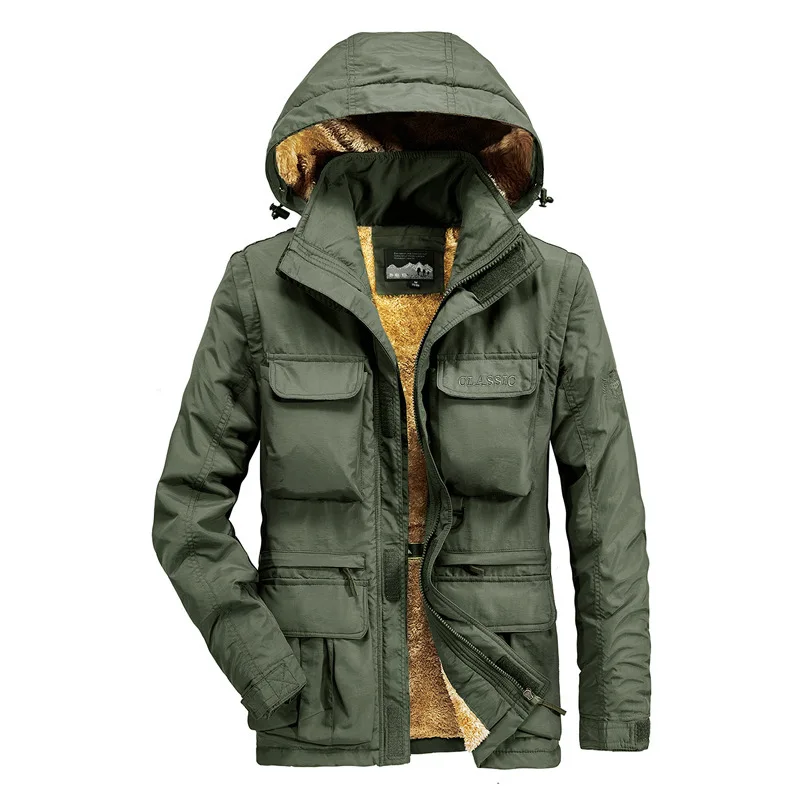 Jaqueta com capuz forrado com lã masculina, Parka térmica, Bolso de neve, Grosso, Mangas destacáveis, Windproof, Exterior, Moda, Inverno