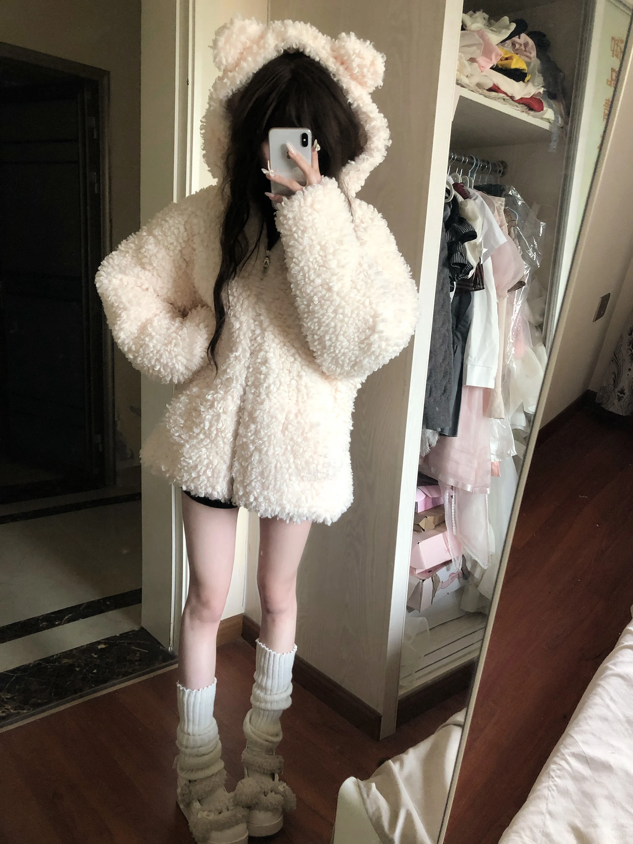 معطف نسائي قصير بتصميم أصلي من فرو الخروف بنمط الدب، أنيق للخريف والشتاء، مصنوع من ألياف البوليستر