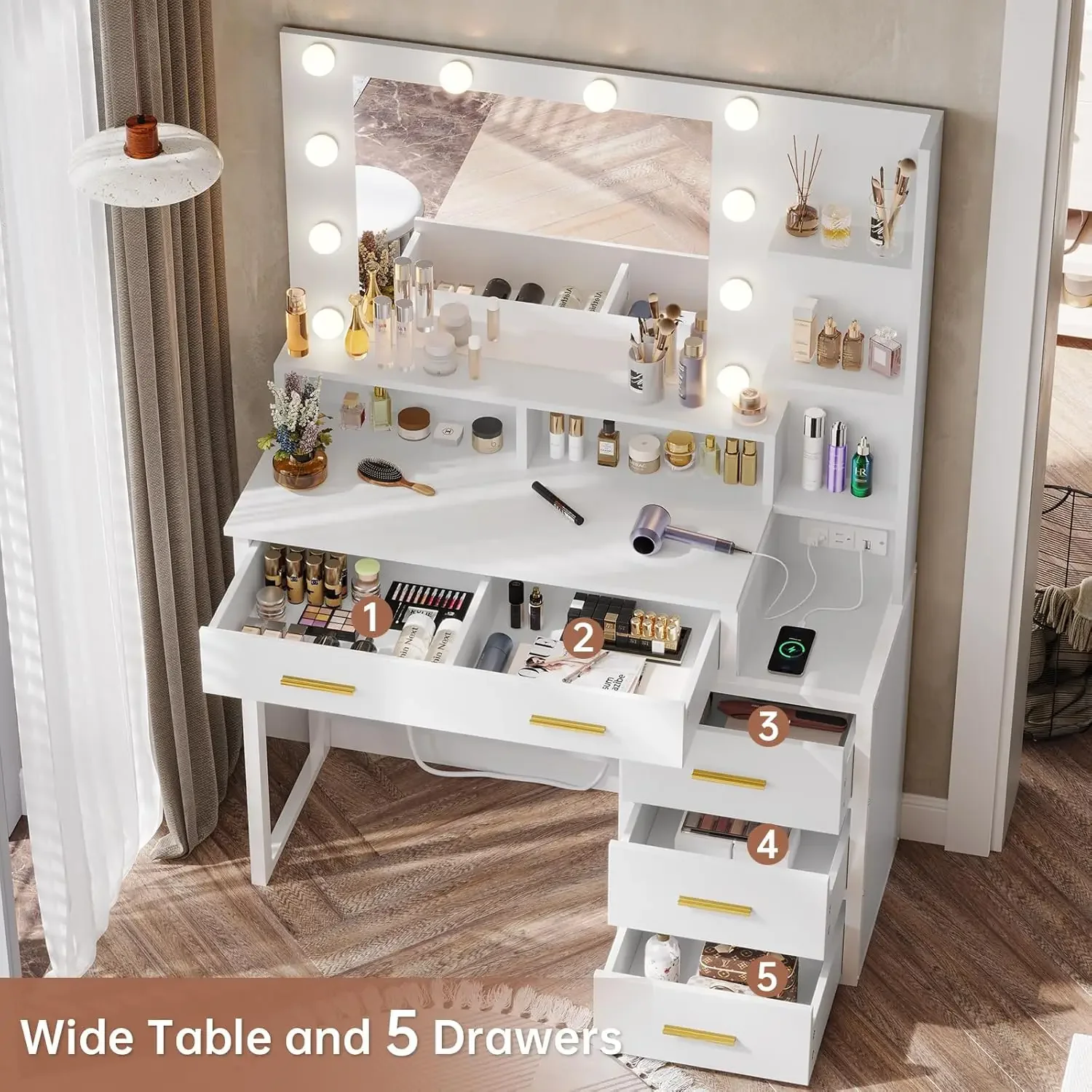 Makeup Vanity with Lights, Vanity Desk with Charging Station, White Vanity Table with 10 Light Bulbs Mirror & 3 Lighting Modes image 5