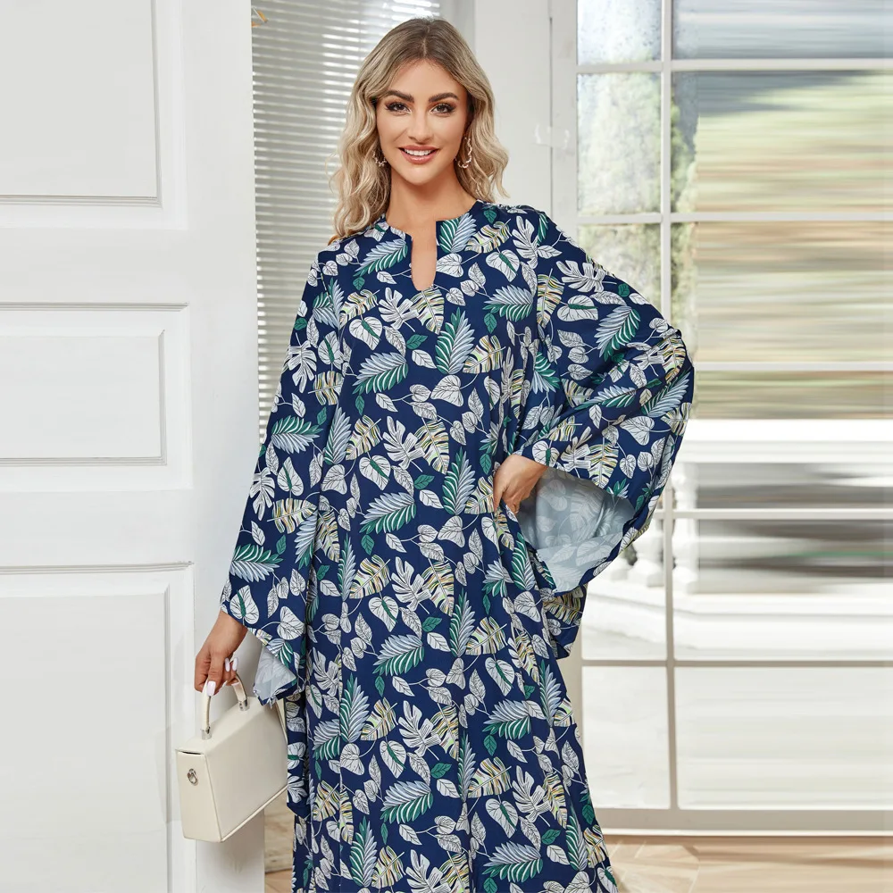 MXZ-54 dress 2023 autumn and winter fashion print temperament elegant bat sleeve Arabian robe