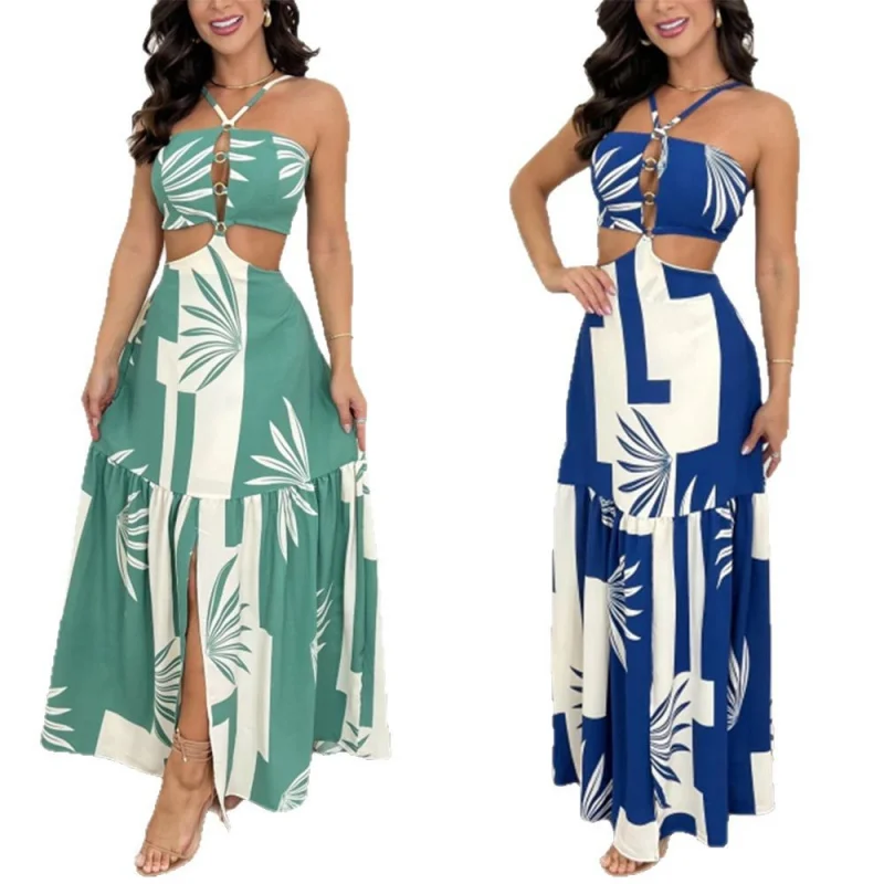 

Sexy Hollowed out Vne Slim Dr Casual Geometric Pattern Strapl High Waist Polyester Fiber Print Princ Sle Gown