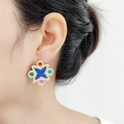 KUGUYS Summer Stud Vintage Mirror Earrings for Women Retro Glitter Flower Acrylic Gold Color Jewelry Fashion Accessories