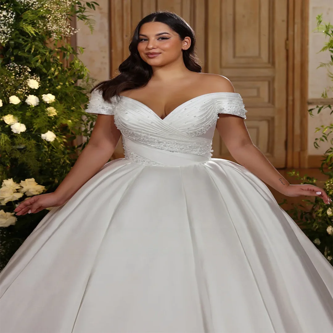 Customized Exquisite the Shoulder Satin Wedding Dresses Floor Length Pearls Beaded Bridal Gowns with Chapel Vestidos De Novia