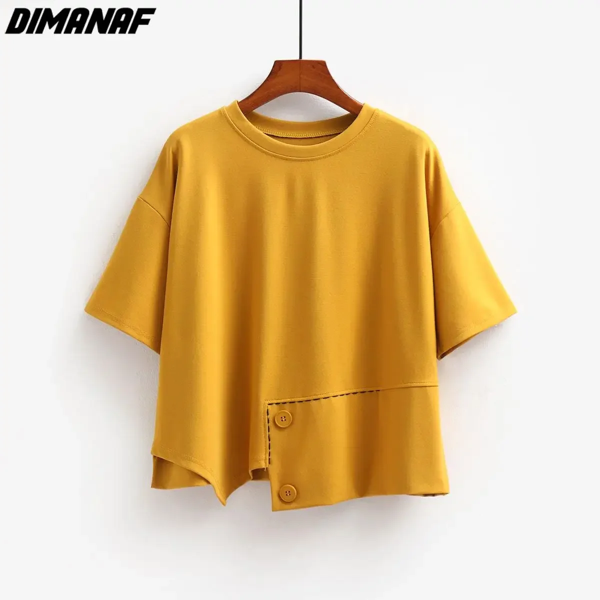 Dimanaf 2024 New Women T-Shirt Bat Female Solid O-Neck Cotton Loose Short Sleeve Buttons Big Size Tops&Tees Yellow