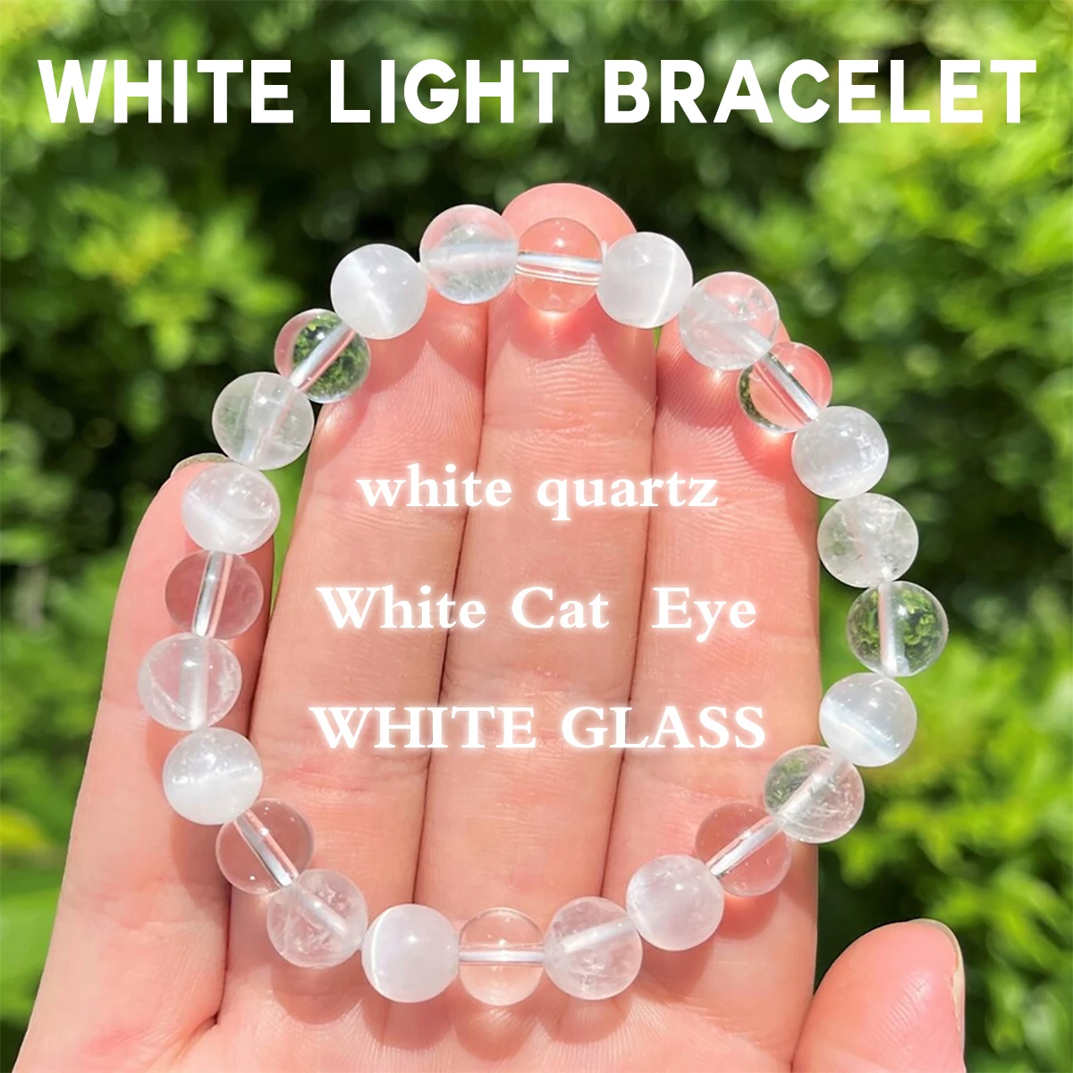 White Light Bracelet: Quartz, Clear Quartz and Selenite 8mm Round Healing and Spiritual Crystal (Meditation Bracelet, Gift)