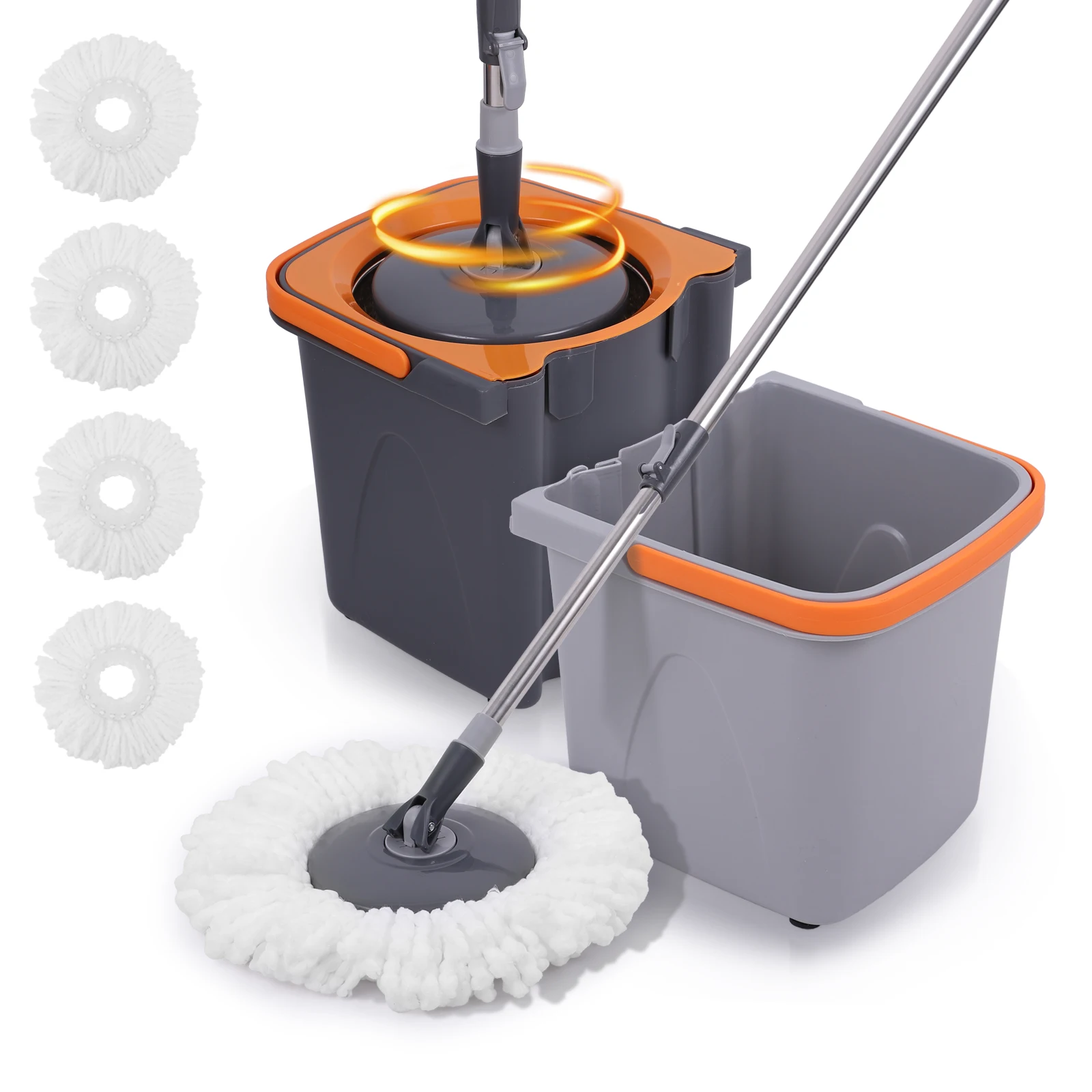 Spin Mop Bucket with Set, Operable 360 ° Rotating Mop Bucket Set, with 4 Microfiber Replacement Head ,Stainless Steel Mop Bucket 50 Inch Adjustable Handle Household Cleaning Tools, Spin Mop Heads, Compact
