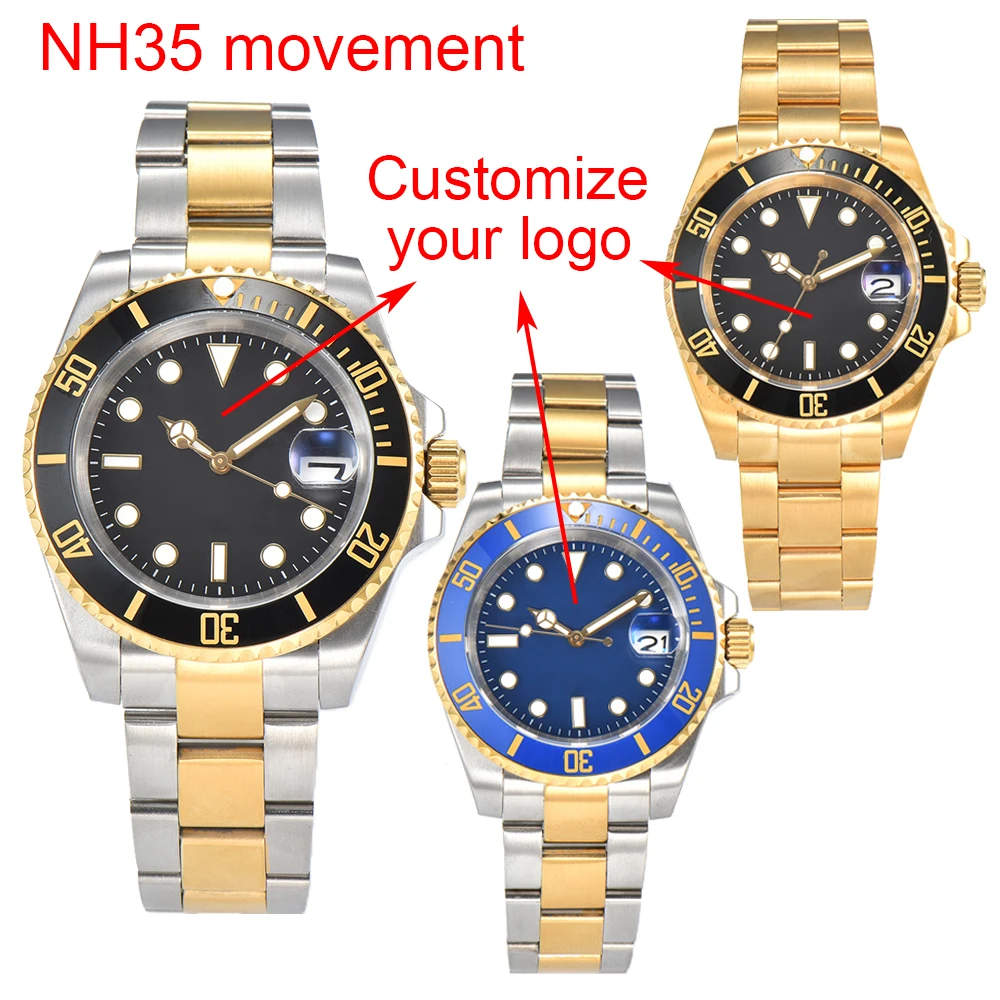 Golden 40mm Men Watch Retrofit Customized Dial Men\'s Luxury Automatic Machinery NH35 Movement Stainless Steel Waterproof Watch