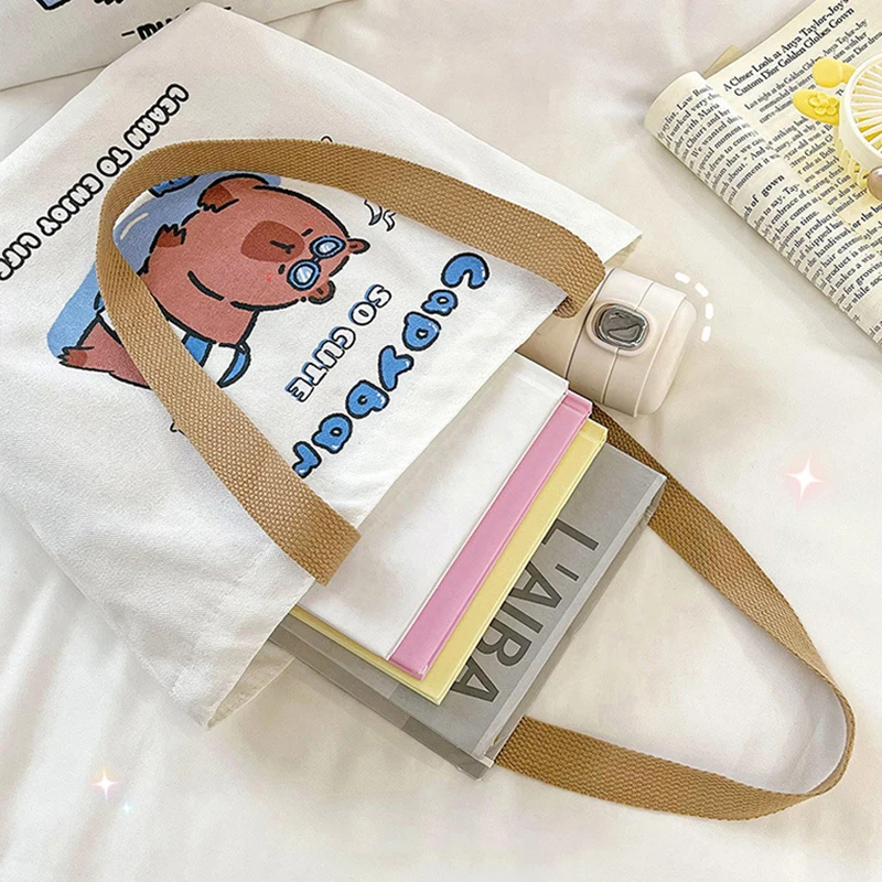 Cute Capybara Canvas Bag For Women Shopping Bag Environmental Storage Reusable Shoulder Tote Bag Cartoon Capybara Hand Bag Gift